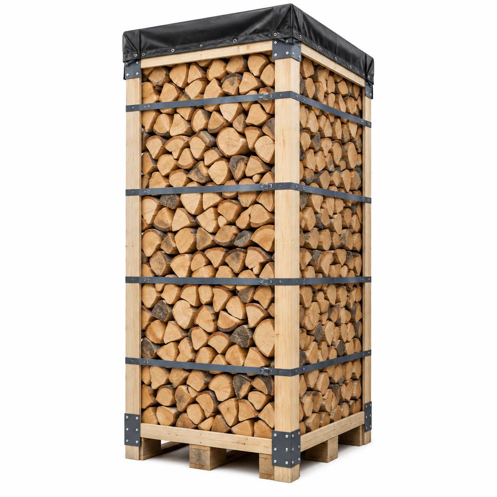 XXL-Holzkiste mit 4 Raummetern dichtem Buchenholz, umreift