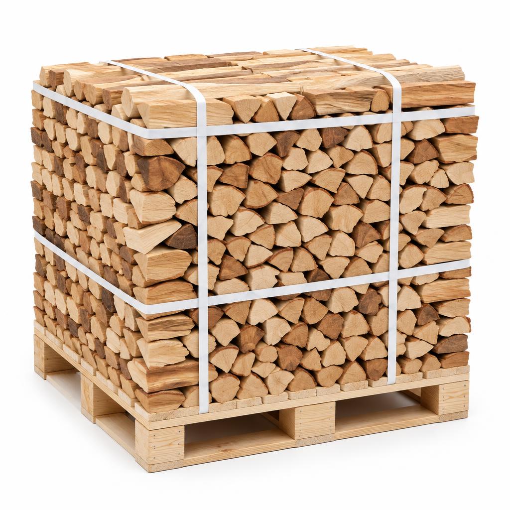 Palette mit trockenem Holz für Pizzaöfen und Kochen mit Holzfeuer
