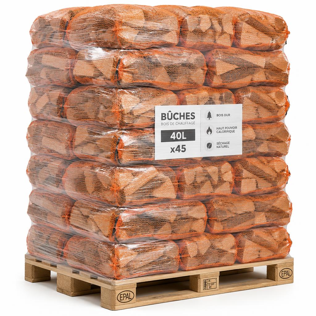 Palette mit 45 Netzen Hartholzscheite, 40 l (33 cm)