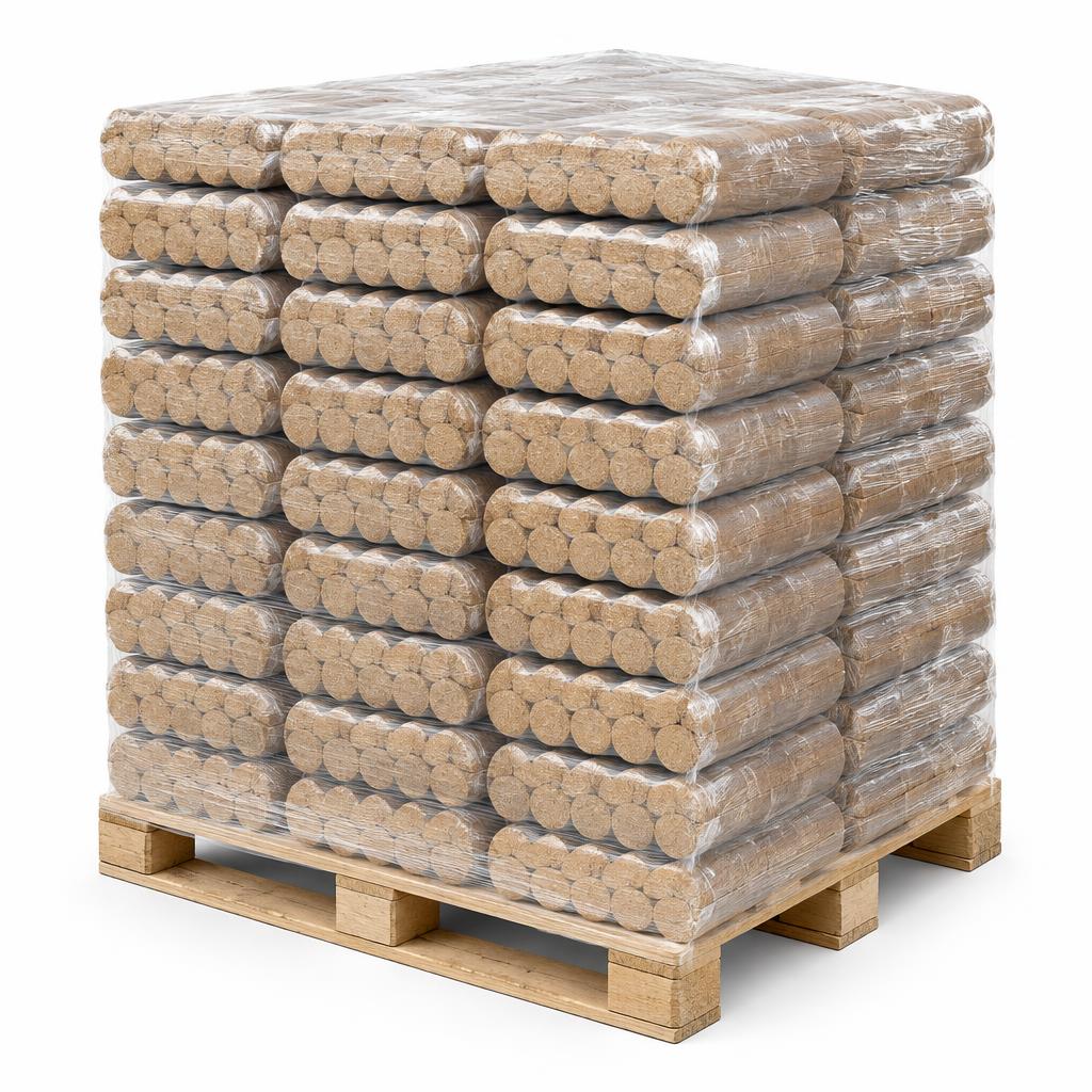 Palette mit 1 Tonne runden Holzbriketts ohne Loch (96 Packungen)