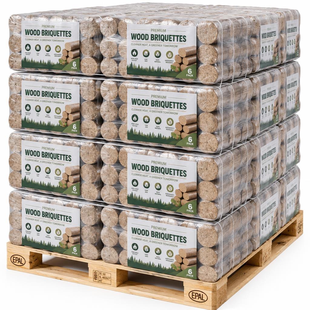Palette mit 1 Tonne Tages-Holzbriketts (96 Packungen je 10 kg)