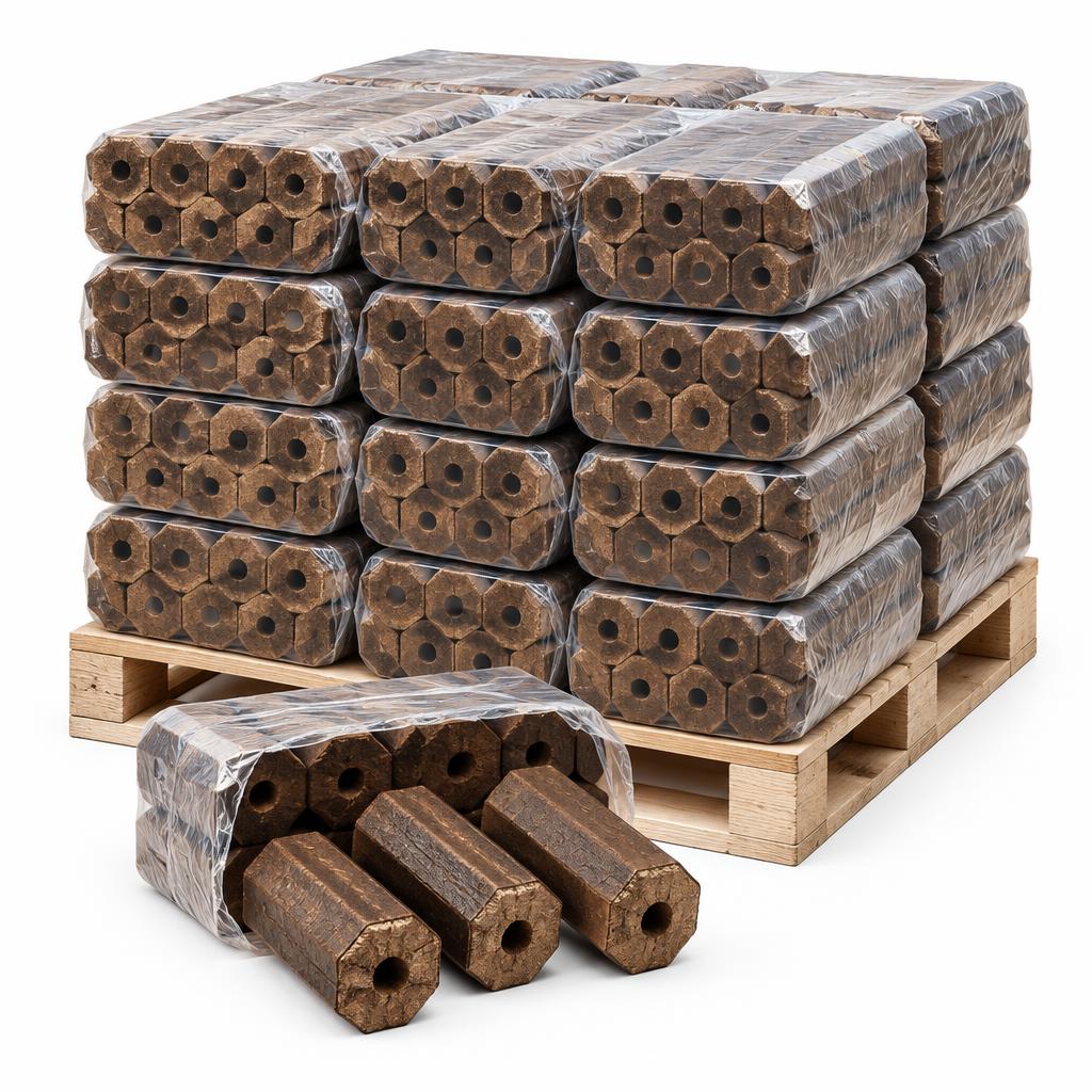 Palette mit achteckigen Pini-Kay-Holzbriketts mit Mittelloch