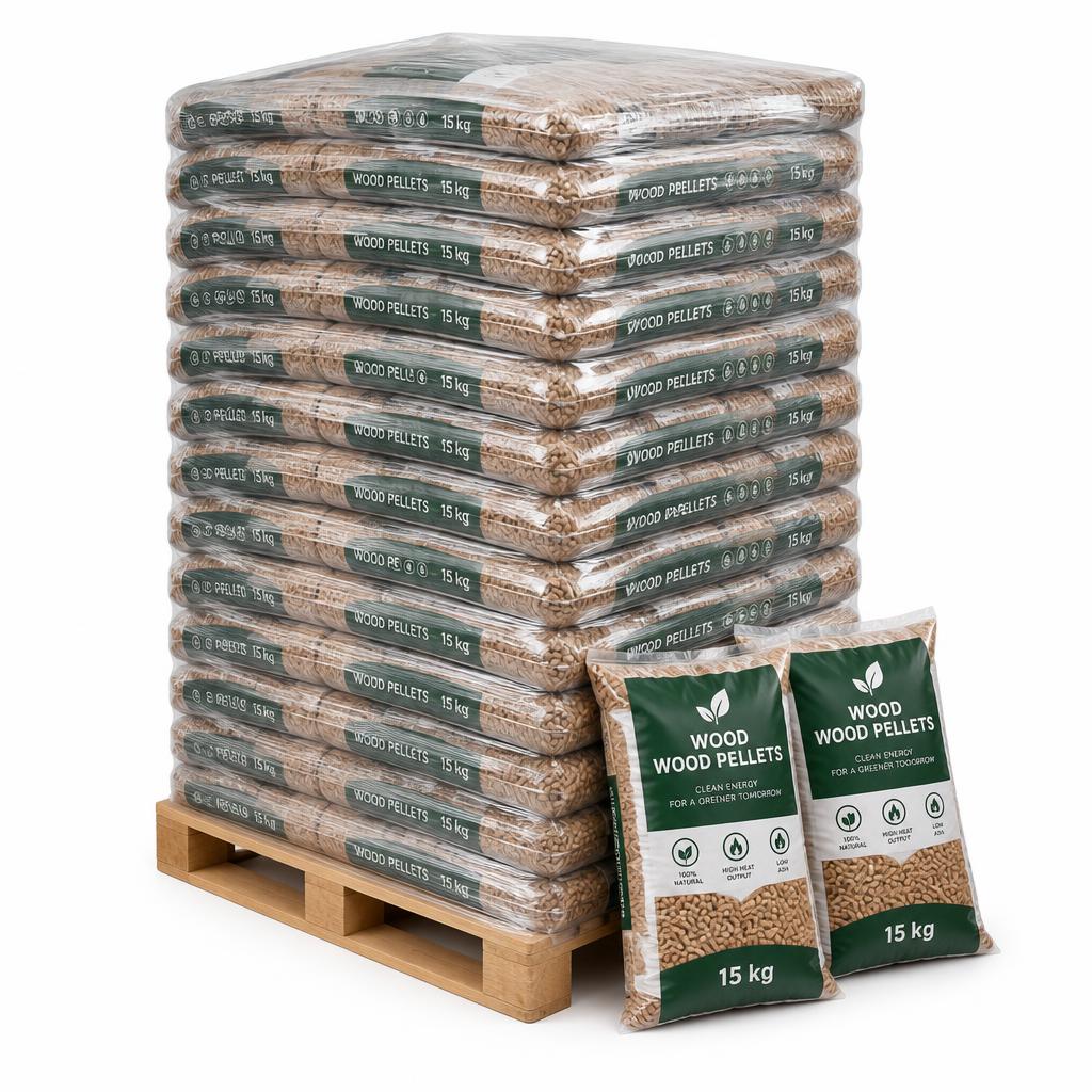 Komplettpalette mit 15-kg-Pelletsäcken in sicherer Verpackung