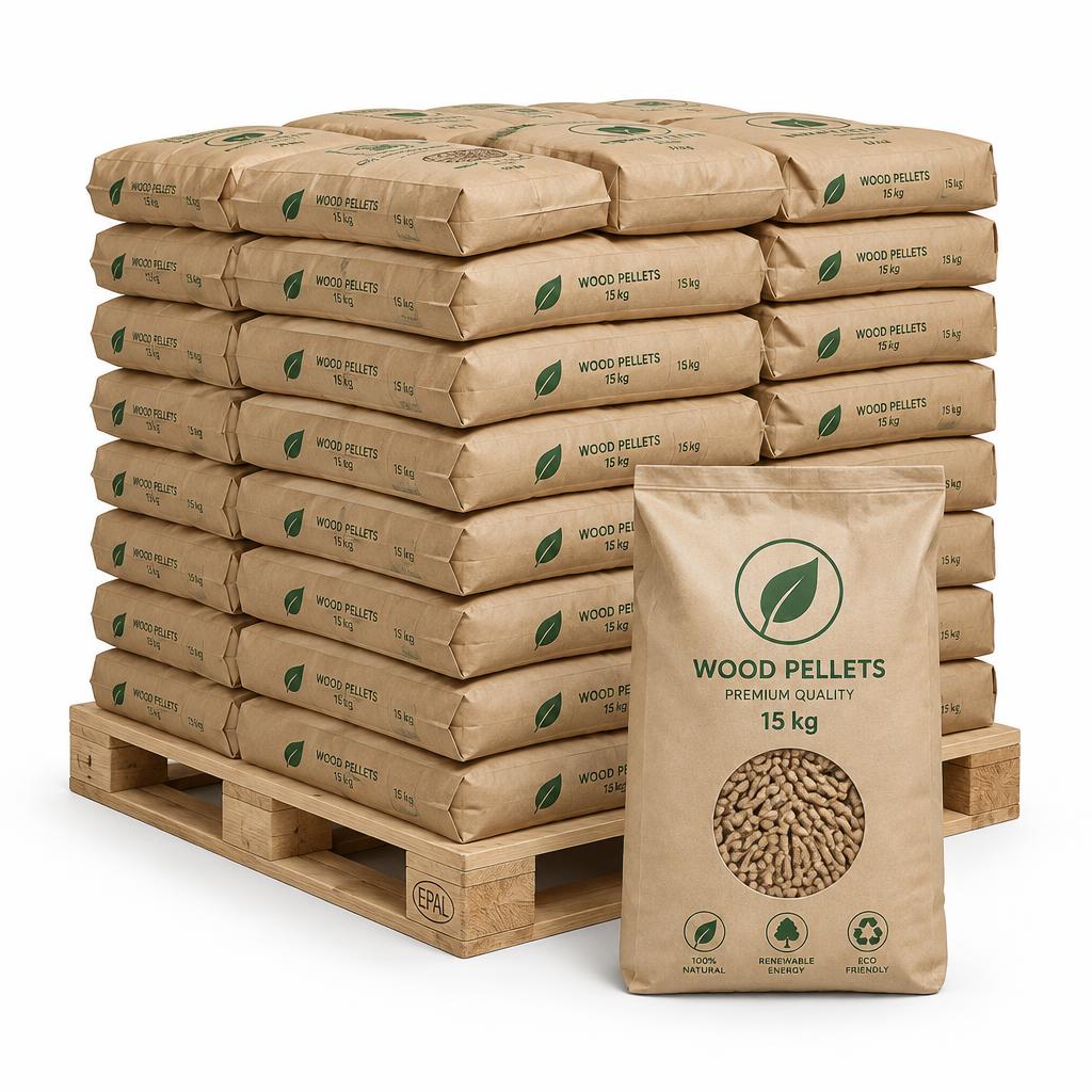 Palette mit Holzpellets in umweltfreundlichen Kraftpapiersäcken
